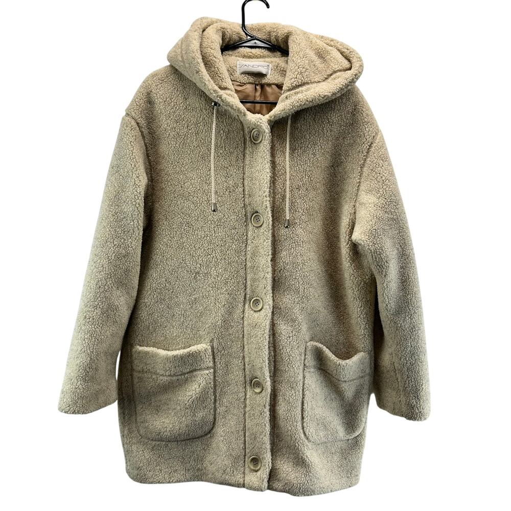 Sandro Teddy Jacket Button Front Hooded Oversized Vintage Cream Med